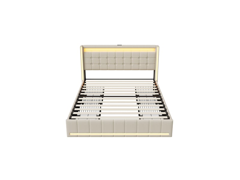  Dreammespace lit double king size 180x200 cm avec 4 tiroirs et prises usb type-c cadre led sommier à lattes tissu lin beige DreamMespace - Conforama A