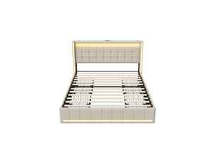 Dreammespace lit double king size 180x200 cm avec 4 tiroirs et prises usb type-c cadre led sommier à lattes tissu lin beige
