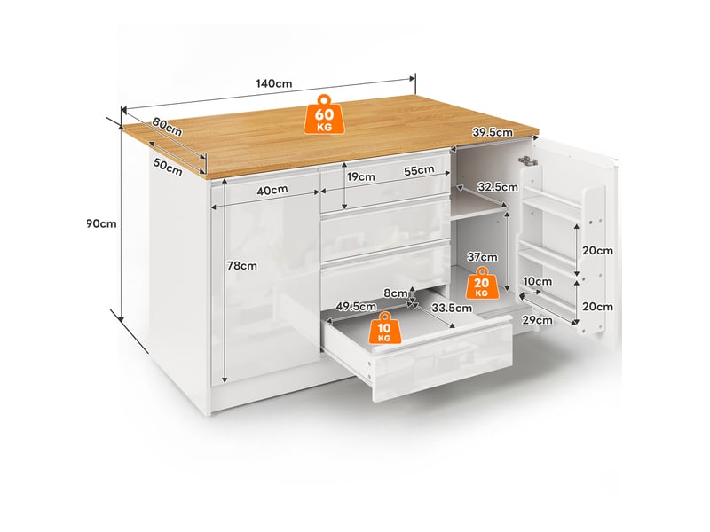  Îlot de cuisine avec plateau extensible, 4 tiroirs, 2 placards et étagères réglables, blanc, 140 × 80 × 90 cm  - Conforama D