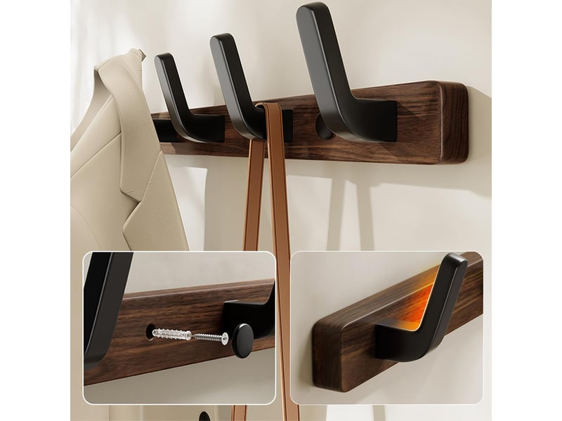  Patère murale en noyer massif 4 crochets, porte-manteau bois pour entrée, chambre, salle de bain et vestiaire, marron  - Conforama E