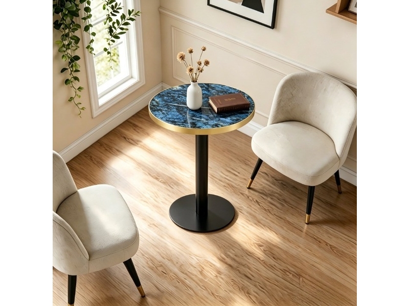  Table de jardin bistrot ronde à pied central stable, plateau aspect marbre bleu, en mdf et métal, diamètre 60 × 73,7 cm  - Conforama C