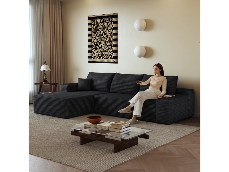 Canapé d'angle modulable noir avec méridienne, 270cm, assise profonde, sans montage, mousse compressée - Conforama E