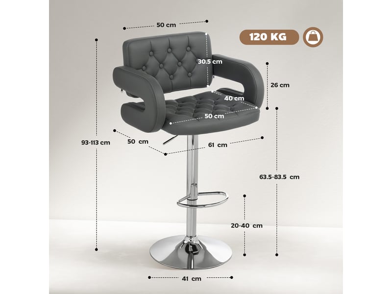  Tabouret de bar réglable, siège pivotant extra large en cuir pu gris  - Conforama E