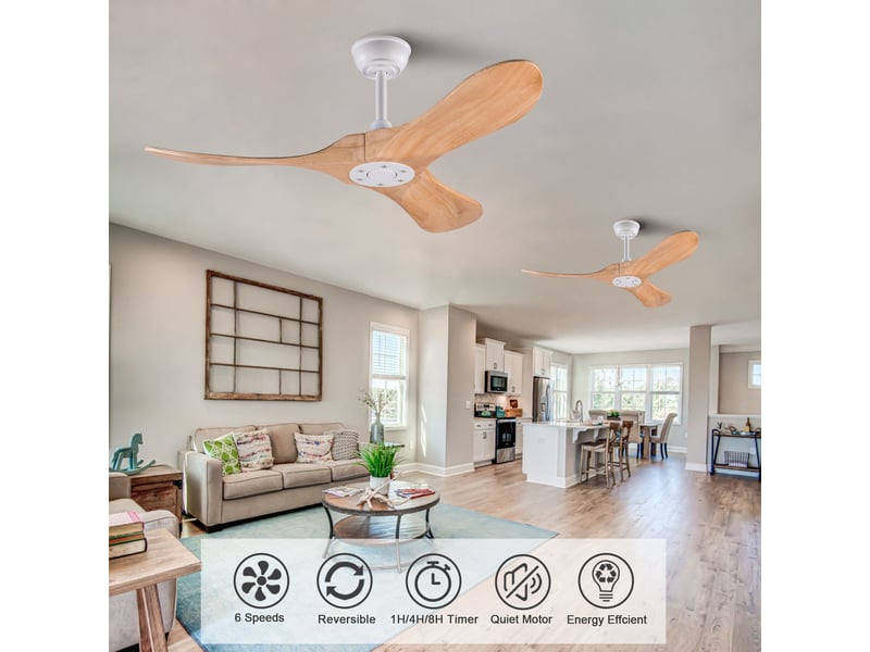  Ventilateur de plafond 107 cm sans éclairage bois massif blanc et naturel 6 vitesses télécommande silencieux minuterie et mémoire  - Conforama E