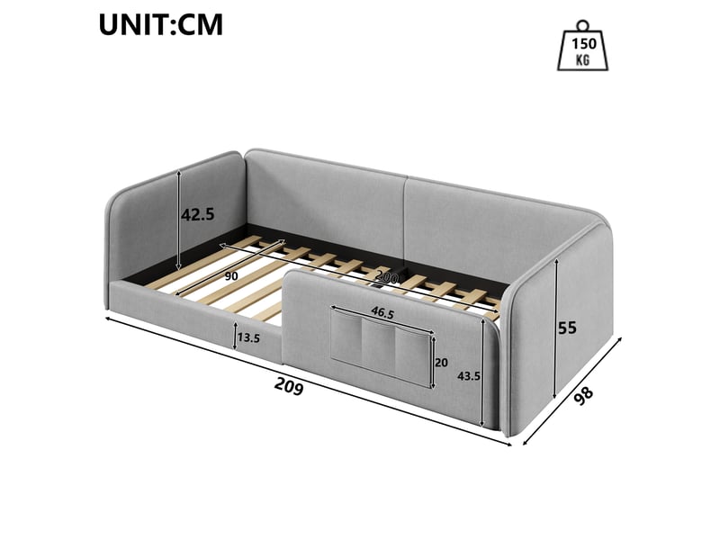  Lit plateforme 90x200 en lin gris - cadre bas sécurisé avec poches de rangement  - Conforama C