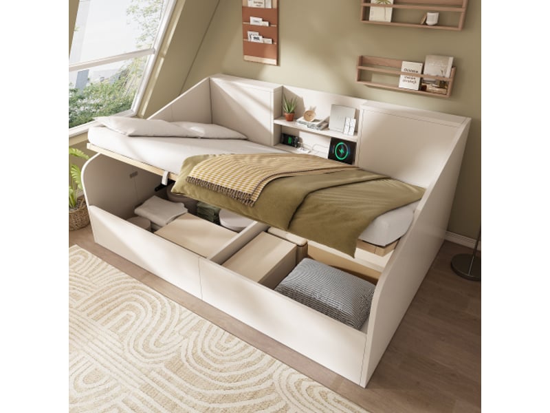  Lit coffre hydraulique 140x190 cm avec 2 niches et portsusb, lit double avec sommier à lattes, bois blanc OPULERANE TRADING LTD - Conforama B