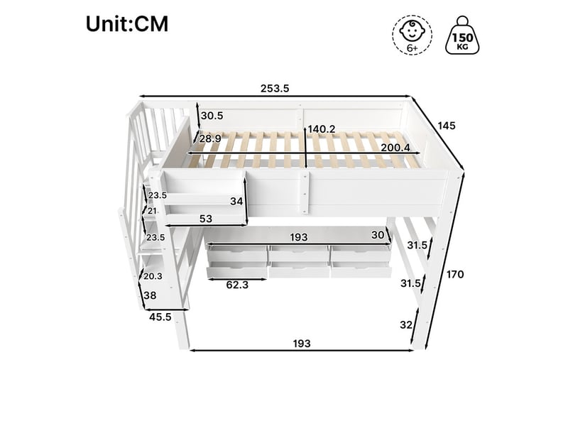  Lit mezzanine en bois 140x200 cm - avec 6 tiroirs, escalier de rangement et barrières de sécurité - mdf - blanc(sans matelas)  - Conforama C