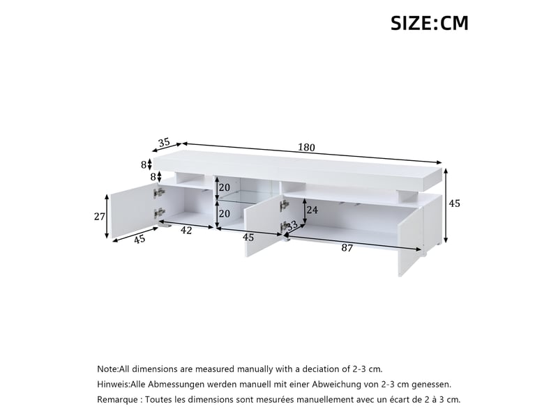  Meuble tv 180x35x45cm - meuble bas brillant avec 3 portes, étagères réglables en verre trempé, pour tv jusqu’à 80pouces, panneau de particules - blanc  - Conforama C