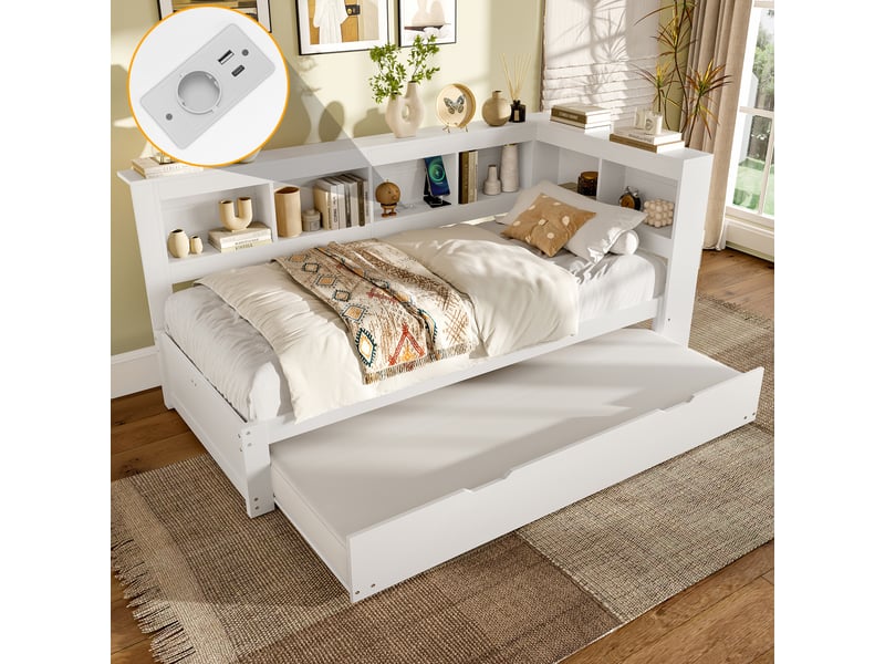  Lit banquette 90x200 avec lit gigogne extensible, ports usb et rangements, structure en bois, blanc  - Conforama D