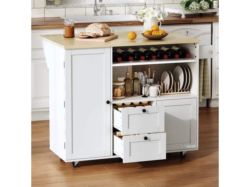  Îlot de cuisine sur roulettes avec plateau pliant, chariot de cuisine blanc et bois, 104x69x89 cm  - Conforama W