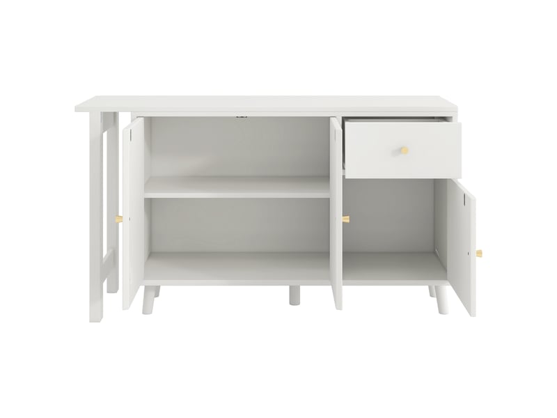  Bureau d'angle pivotant 360°, bureau et buffet 2 en 1 avec 3 portes et 1 tiroir. Bureau informatique blanc élégant pour salon et chambre.  - Conforama R