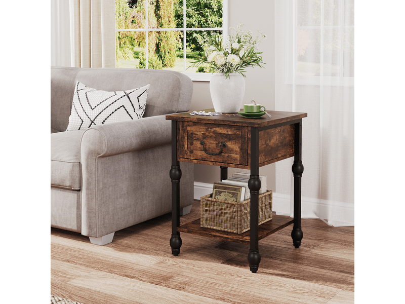  Table d'appoint industrielle tiroir, bout canapé, table chevet carrée, étagère 2 niveaux, mdf métal,  style rétro vintage PHO_15T6NR82 - Conforama B