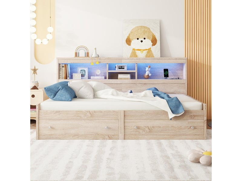  Lit banquette 90x200 lit de jour avec tiroirs et sommier - éclairage led prises usb bois naturel  - Conforama B