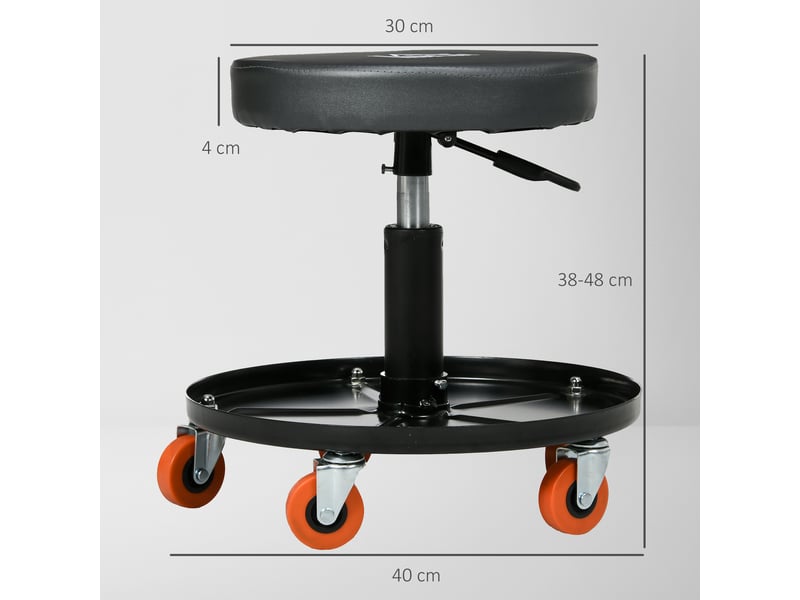 Tabouret d'atelier avec roulettes et porte-outils à hauteur réglable et pivotant de ø40x25-48 cm en noir - Conforama C