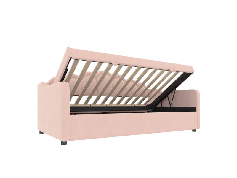  Lit coffre 90x200 cm avec rangement hydraulique et dossier ondulé, velours et mdf, rose, sans matelas  - Conforama D
