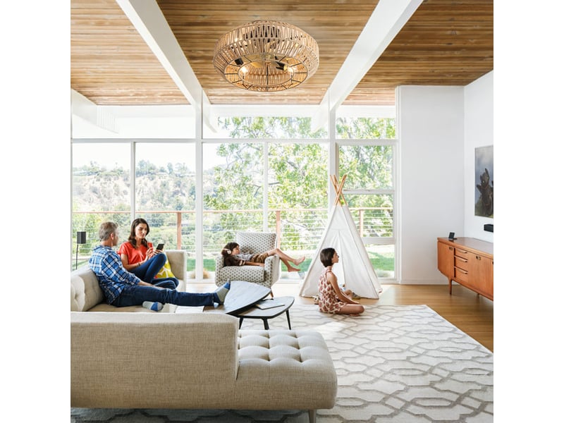  Ventilateur de plafond 56cm style boho avec cage rotin fermé, 6 vitesses moteur dc réversible télécommande, design décoratif pour salon chambre, rotin evarich - Conforama B