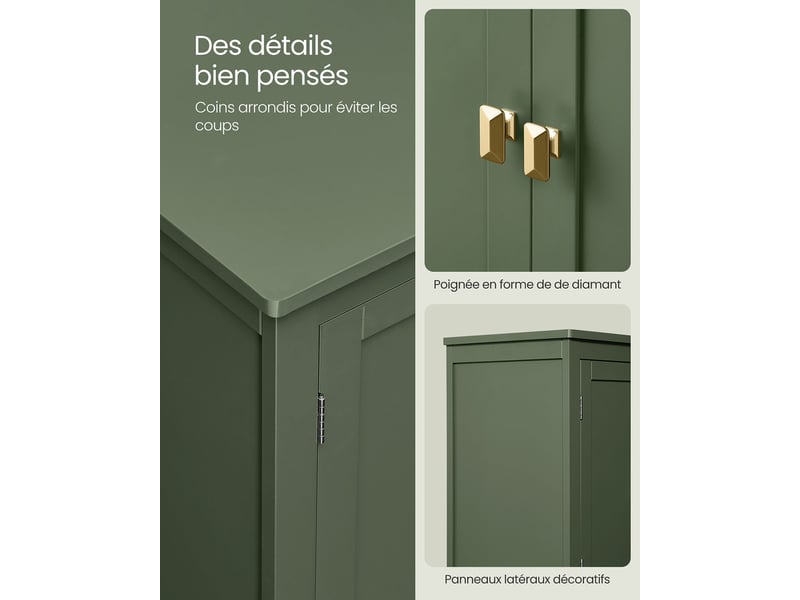  Armoire de salle de bain placard de cuisine meuble de rangement avec 2 tiroirs et 2 portes étagères réglables 30 x 60 x 110 cm vert 12_0004026  - Conforama C