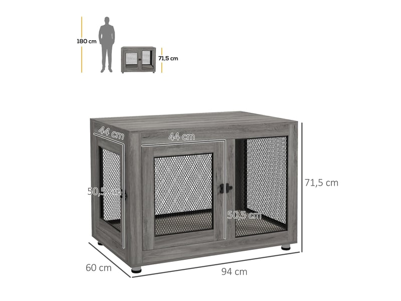  Cage d'intérieur grand format 94x60x71,5 cm – gris – deux portes, coussin lavable et pieds réglables  - Conforama C