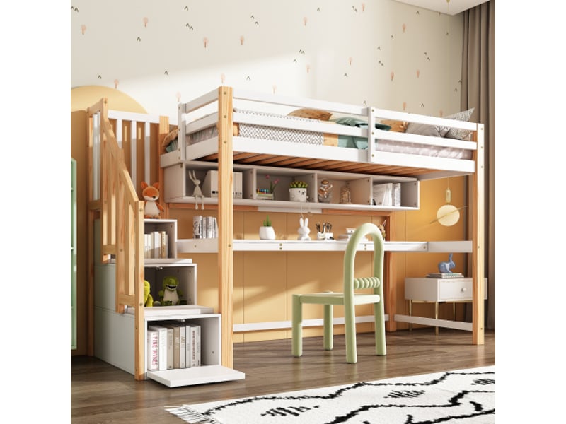  Lit mezzanine 90x200 cm, lit enfant avec escalier de rangement, bureau, bibliothèque, sans matelas, naturel et blanc  - Conforama B