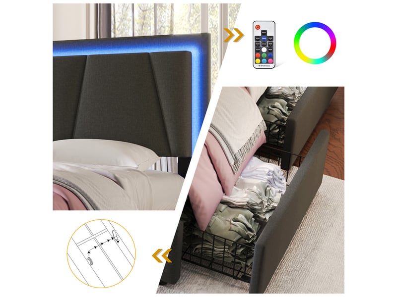  Lit 1 personne 90x200 cm avec tête de lit réglable en hauteur, cadre de lit avec led et 2 tiroirs, gris, lit enfant avec matelas  - Conforama W