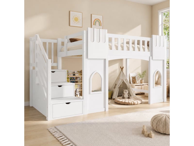 Lit mezzanine 90x200 cm avec escalier de rangement et 2 fenêtres en mdf, pin et contreplaqué blanc - Conforama B