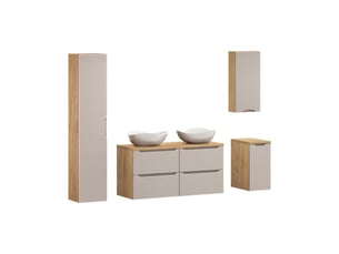 Ensemble de salle de bain yoka beige : 2 meubles sous vasque 60 cm + 2 vasques + 1 colonne et 2 meubles de rangements