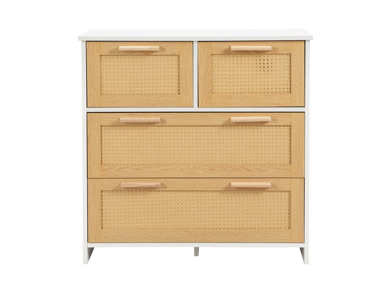 Commode de chambre, 80x80x38 cm, meuble de rangement chiffonnier pour salon et entrée, 4 tiroirs en rotin naturel, naturel et blanc - Conforama A