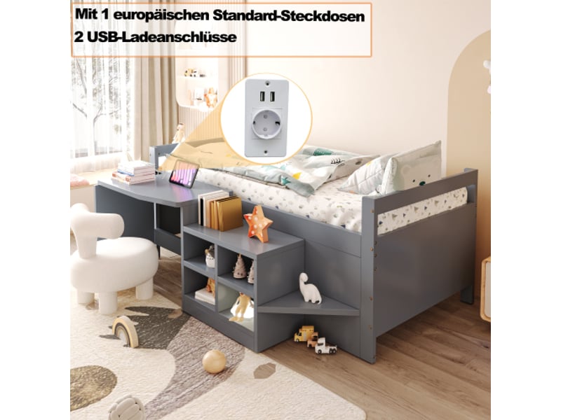 Lit pour enfant 90 × 200 cm avec espaces de rangement et bureau (prises aux normes européennes) – lit simple en bois, gris. - Conforama B