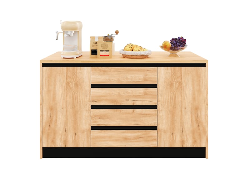  Îlot central cuisine 140 cm avec plan de travail rabattable de 50 à 80 cm, effet bois naturel  - Conforama A