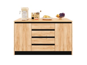 Îlot central cuisine 140 cm avec plan de travail rabattable de 50 à 80 cm, effet bois naturel