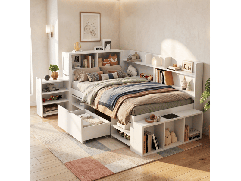  Lit enfant 90 x 190 cm – multifonction avec tiroirs et étagères – blanc  - Conforama B