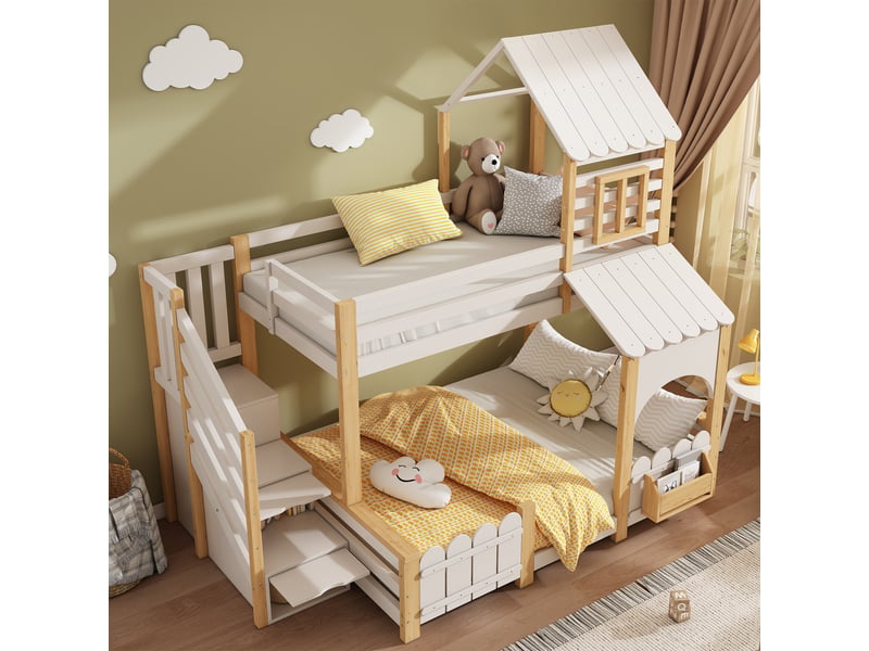 Lit superposé enfant 90 x 200 140 x 200 cm, lit familial avec escalier de rangement, étagère à livres, boîte aux lettres, toit et barrières, blanc Bliss Lite - Conforama E