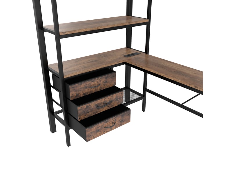  Lit mezzanine enfant 90x200 cm, led, tiroirs, bureau, charge, étagère, sommier, métal noir, sans matelas  - Conforama E