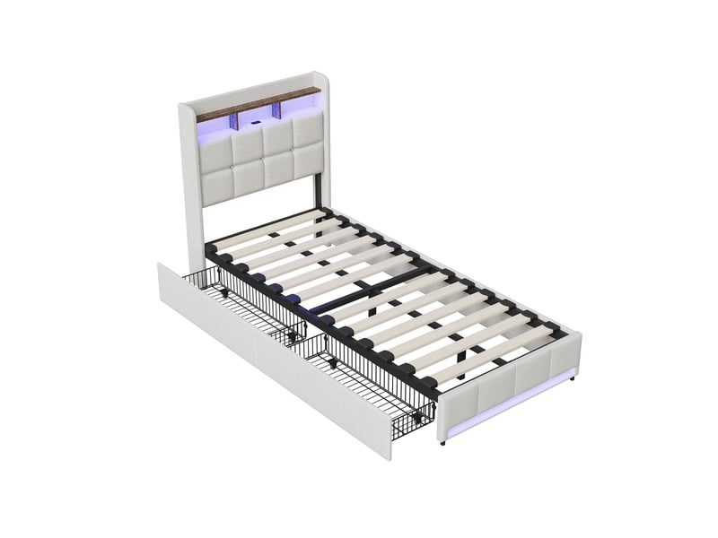  Lit simple coffre 90x200, rangement chevet, 2 tiroirs, éclairage led réglable, ports usb type-c, tissu en lin beige  - Conforama A