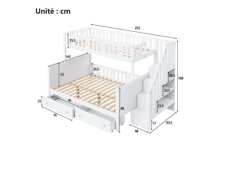  Lit superposé 90x200 cm avec grands tiroirs et échelle sécurisée pour chambre d’enfant – blanc – sans matelas  - Conforama C