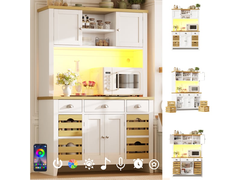  Buffet de cuisine haut 120x40x188 cm avec led rgb, plan de travail effet bois, 4 paniers amovibles, étagères réglables et fermeture douce, blanc N620GG260801ER - Conforama B