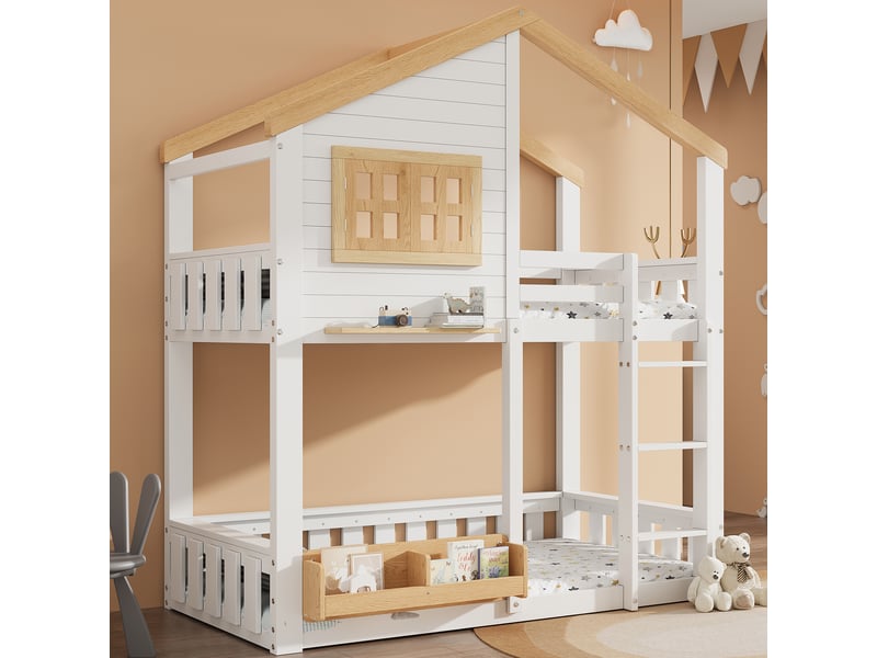Lit superposé enfant 90x200 cm - avec échelle et des garde-corps - avec rayonnage de stockage - blanc + naturel (sans matelas) - Conforama D