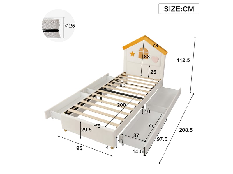 Lit cabane enfant 90x200 cm avec 4 tiroirs en velours beige, sans matelas - Conforama C