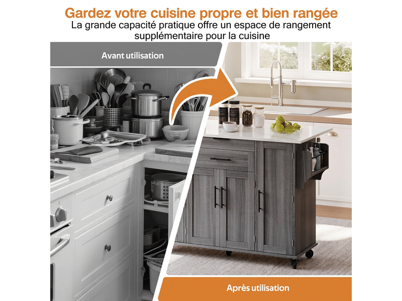  Îlot de cuisine mobile, desserte de cuisine sur roulettes, plan extensible 136cm  - Conforama D