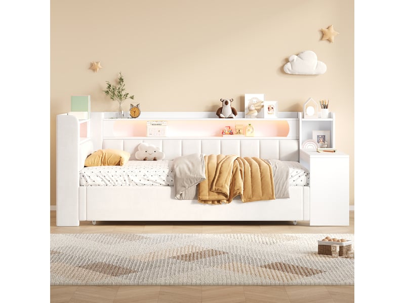  Lit gigogne 90 × 200 cm avec bureau, étagères, ports usb et éclairage led, revêtement en lin blanc pour chambre  - Conforama B