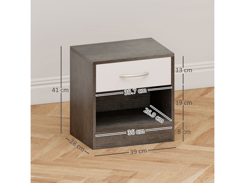  Ensemble de 2 tables de chevet modernes avec étagère ouverte et tiroir, en bois, 39 x 28 x 41 cm, blanc et gris foncé.  - Conforama E