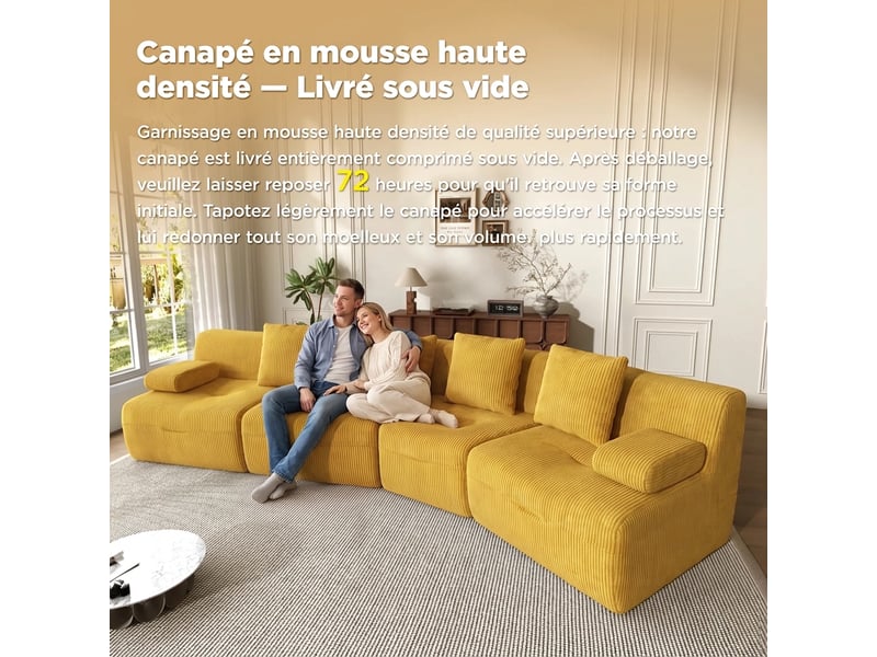  Canapé modulable 4 places en velours côtelé sans montage requis canapé jaune vif  - Conforama B