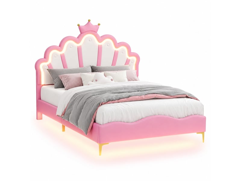 Lit rembourré enfant 140x200 cm avec led, lit princesse avec tête de lit en forme de couronne, lit 2 places pour fille avec sommier à lattes, tête de lit réglable, pu, rose - Conforama W