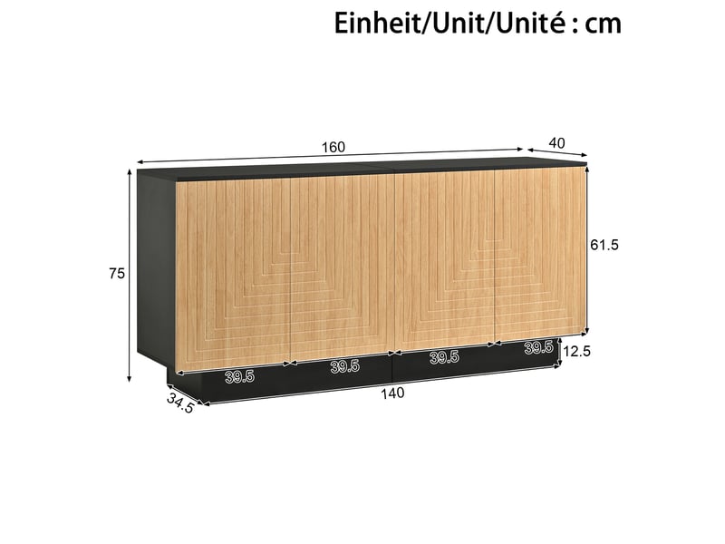 Buffet bas 4 portes, meuble de rangement, naturel, 160 x 40 x 75 cm, mdf et panneaux de particules Fay Lum - Conforama C