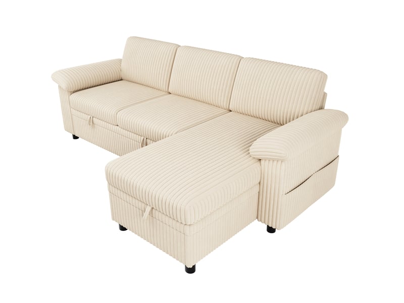 Canapé d'angle l avec fonction lit escamotable, ottomane gauchedroite interchangeable, panneau usbtype-c & poche latérale, repose-dos réglable avec coussin d'oreiller, tissu velours côtelé, beige - Conforama A