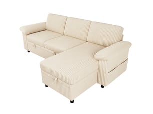 Canapé d'angle réversible convertible <strong>MIVRAY </strong> <strong></strong> 3 + 2 places Velours côtelé beige avec coffre de rangement
