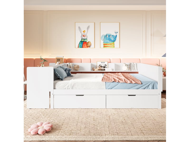  Lit double 140x200 cm avec bureau, 2 tiroirs et 3 rangements, pin et panneaux de particules, blanc  - Conforama D