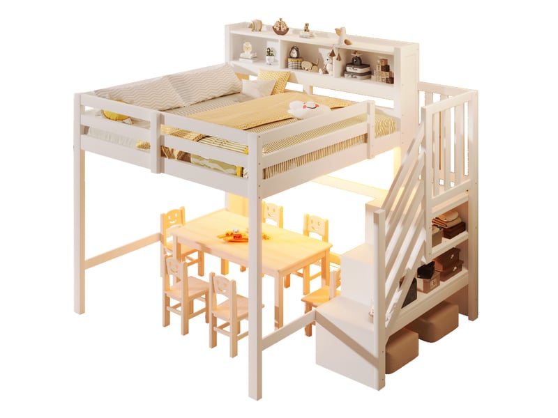  Lit mezzanine modenvie 140 x 200 cm avec led escalier de rangement étagères ouvertes bois mdf contreplaqué blanc sans matelas  - Conforama A
