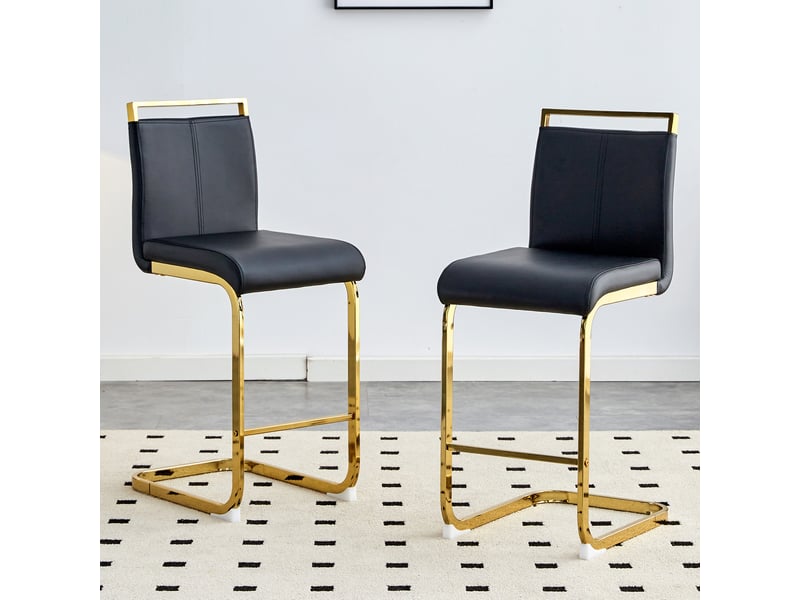  Tabouret de bar 2 pièces avec repose-pieds en cuir pu et métal noir et doré  - Conforama C
