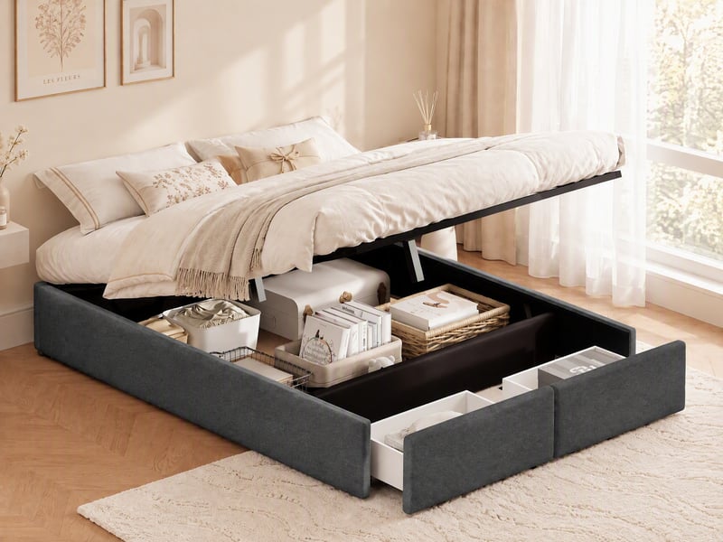  Lit coffre 160x200 sans tete de lit, cadre en lin - 12 lattes - montage rapide et facile - grand espace de rangement en dessous - capacité de charge 350 kg, lin gris  - Conforama B